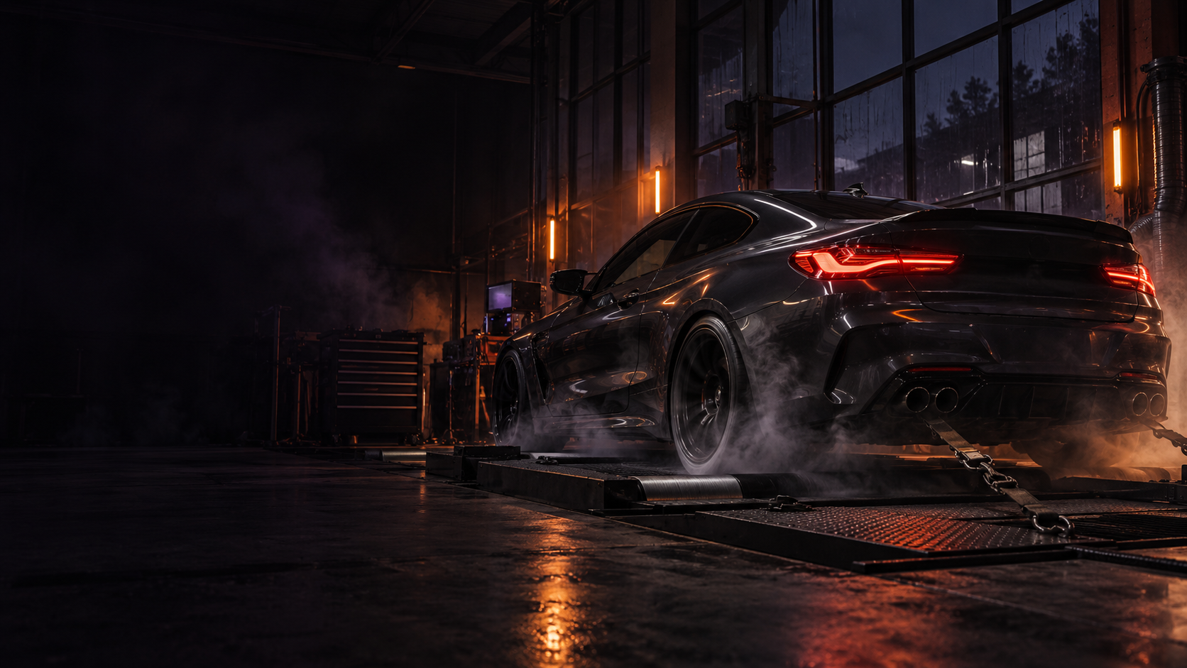 Svart sportbil på en dynamometer i ett mörkt garage